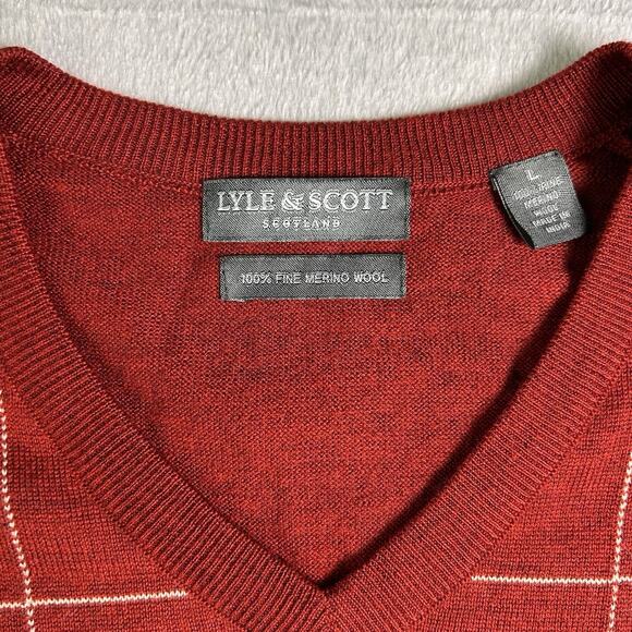 Lyle & Scott 100% Merino Wool Sweater Vest Mens Large Burgundy Plaid Grandpacore - Picture 3 of 7
